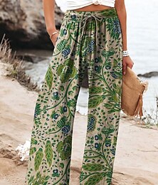 abordables -Femmes Culottes Jambe Large Jambe large Chinos Vacances ancien Mode Longueur complète Taille haute Fleuri Graphique Feuille Ceinture Élastique Impression Respirant Doux Micro-Élastique Vacances Rue