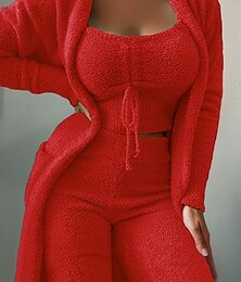 billiga -Dam Pyjamas set 3 delar Ledigt Komfort Ren färg Elastisk midja Suddig Cardigan Byxa Hem Dagligen Långärmad Rund hals Svart Vit Rodnande Rosa Rubinrött Grön Höst Vinter Normal
