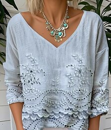 abordables -Mujer Blusa Floral Graphic Vintage Elegante Clásico Manga 3/4 Escote en Pico Tops regulares Diario Rosa Azul Piscina Morado Verano Primavera