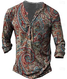 halpa -Miesten T-paita Henley-paita T-paidat Kuvitettu Tribaali Henley Keltainen Rubiini Sininen 3D-tulostus Pluskoko ulko- Päivittäin Pitkähihainen Painike alas Painettu Vaatetus Suunnittelija Tyylikäs