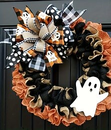 levne -Halloweenský věnec na vchodové dveře, roztomilý věnec z pytloviny s motivem duchů a vinné révy, strašidelná závěsná dekorace na halloweenský festival