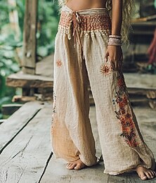 billiga -Dam Byxor Palazzo byxor Mode Boho Fullängd Hög midja Blommig Elastisk midja Bekväm Microelastisk Gata Dagliga kläder Utekväll Kaki Sommar Vår Normal