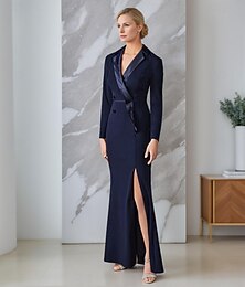 baratos -Vestido smoking Tubinho Formal Convidado do casamento Cetim Tapioca Elegante Simples Manga Longa Até o Tornozelo Coxa dividida Lapelas entalhadas Trespassado