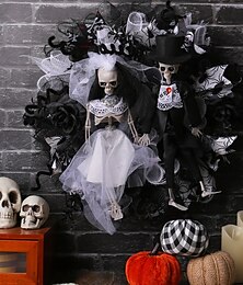 abordables -Couronnes d'Halloween pour la décoration intérieure et extérieure de la porte d'entrée, couronne florale en maille squelette de la mariée et du marié avec vigne fantôme pour une décoration effrayante
