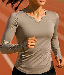 abordables -Mujer Top para correr Camiseta para correr Delgado Manga Larga Camiseta Escote en Pico Transpirable Secado rápido Ligero Elástico Tenis Golf Corriendo Ropa de deporte Ropa de Deporte Color sólido