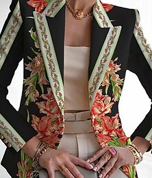 voordelige -Dames Blazer Ademend Comfortabel Afdrukken Modieus Casual Bloemig Formeel Werk Kantoor / Formeel Dubbele rij knopen Normaal Strijkijzer Normale pasvorm Lange mouw bovenkleding Zwart Wit Marineblauw