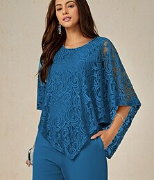 economico -Per donna Blusa Top Eleganti Semplice Elegante Mezza Manica Girocollo Top Regolari Ospite di nozze Quotidiano Pizzo Patchwork Stratificato Blu Estate Primavera