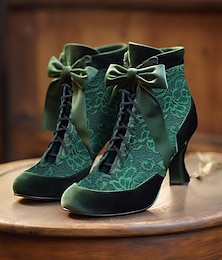 abordables -Femmes Bottes Grande Taille Bottes à Talons Extérieur Soirée Saint-Valentin Bottines Talons Chaton Bout Rond Élégant ancien Mode Dentelle Daim À lacets Noir Rouge Vert