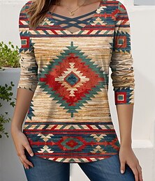 economico -Per donna Maglietta Grafico Geometrico Astratto Vintage Elegante Moderno Manica Lunga Scollo a V Top Regolari Quotidiano Taglio Stampato Rosso Marrone Cachi Primavera Autunno