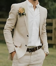 economico -Uomo Matrimonio Completi in Lino Beige Leggero Casual Tinta unita Vestibilità standard 2 pezzi Monopetto Due Bottoni