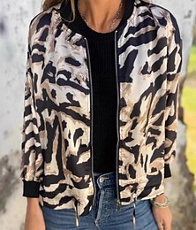 preiswerte -Damen Bomberjacke Freizeitjacke Bequem Atmungsaktiv Reißverschluss Druck Lässig Leopard Urlaub Straße Lässig Alltagskleidung Reisverschluss Regulär Stehkragen Normale Passform Langarm Oberbekleidung