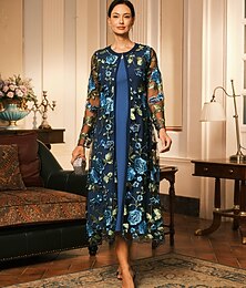 levne -Dámské Midi šaty Plášťové šaty Šaty s bundou Elegantní koktejl Semiformální šaty Formální Párty Svatební host Běžný Květinový Dlouhý rukáv Tričkový Vodní modrá Jaro Podzim Zima