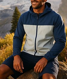 preiswerte -Herren Wanderjacke Regenmantel Sportjacke Außen Wasserdicht Atmungsaktiv Schnelltrocknend Leicht Wanderoutfits Wanderbekleidung Frühling Herbst Jacke Tennis Golfspiel Laufen Patchwork Dunkelblau Grau