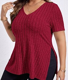 preiswerte -Damen Übergröße Oberteile T Shirt Einfarbig Grafik Kurzarm V Ausschnitt Lässig Täglich Polyester Sommer Frühling Schwarz Wein