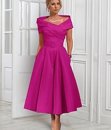 ieftine -Rochii de cocktail A-Line rochie elegantă formală lungime până la ceai midi fără umeri cu butoane ajustabile în partea de sus din satin cu pliuri
