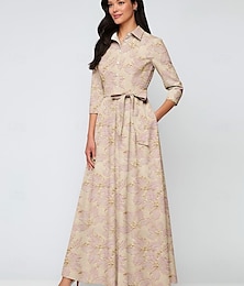 economico -Abito da sera A-Line in broccato jacquard abito elegante formale da sposa lungo manica lunga colletto camicia in nylon con fiocco(i) tasca