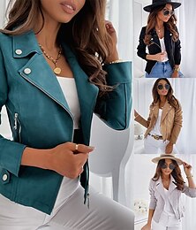 abordables -Mujer Chaqueta de cuero sintético Cómodo Transpirable Cremallera Casual Plano Vacaciones Calle Casual Ropa Cotidiana Cremallera Corto Diseño Delgado Manga Larga Ropa de calle Negro Azul Marino Caqui
