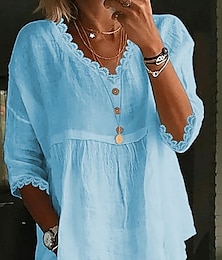 economico -Per donna Camicie di cotone e lino Tinta unica Essenziale Casual Manica 3/4 Scollo a V Top Regolari Quotidiano Pizzo Patchwork Bianco Rosa Azzurro cielo Estate