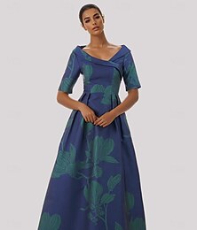 abordables -Vestido de Noche A-Line Elegante Vestido Formal Boda Largo de Piso Manga Media Cuello Camisa Bolsillo Satén con Estampado Floral