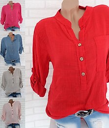 abordables -Mujer Camisas de algodón y lino Color sólido Elegante Casual Manga Larga Escote en Pico Tops regulares Diario Botones Blanco Rosa Rojo Azul Piscina Gris Verano Primavera