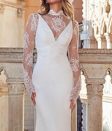 economico -Abiti da sposa casual Sirena Tromba Mantella staccabile V Collo Maniche lunghe Lunghezza al pavimento Crepe elasticizzato Abiti da sposa con Appliques