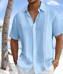 economico -Per uomo Camicia di lino Camicia Guayabera Abbigliamento da spiaggia Camicia con Bottoni Testurizzato Vacanza Casuale Bianco Blu Verde Grigio Manica Corta Collo ripiegato Estate Primavera