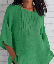 abordables -Mujer Camisas de algodón y lino Color sólido Casual Manga 3/4 Escote Barco Tops regulares Diario Blanco Rosa Naranja Verde Trébol Verano Primavera