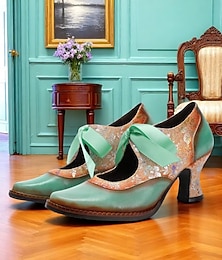 preiswerte -Damenschuhe mit Vintage-Blumenmuster und Schnürung – elegante grün-goldene Schuhe im viktorianischen Stil für besondere Anlässe
