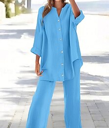 economico -Per donna Moda Streetwear Quotidiano Set di Pantaloni Manica Lunga Colletto a Camicia Semplice Vacanza Casuale Quotidiano Giallo Rosa Blu Primavera Vestibilità comoda