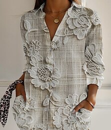 お買い得  -女性用 シャツ フラワー 活発的 日常 スタイリッシュ 長袖 シャツカラー レギュラートップス 日常 祝日 ボタン プリント アプリコット 春 秋
