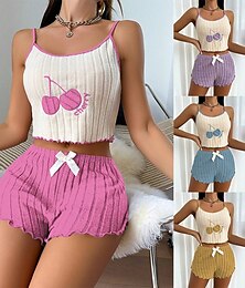 billiga -Dam Pyjamas set Ledigt Komfort Körsbär Elastisk midja Strap Top Shorts Hem Dagligen Ärmlös remmar Gul Rodnande Rosa Blå Purpur Sommar Normal