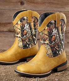 economico -Stivali da cowboy western da uomo con stampa mimetica, design in similpelle a metà polpaccio con punta quadrata e tacco resistente per eventi country, rodeo e equitazione all'aperto