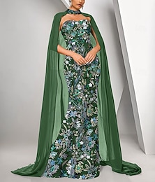 ieftine -Rochie cu mantie de culoare albastră deschisă sirenă  trumpet rochie de seară elegantă pentru nuntă lungime până la podea fără mâneci fără umeri crepe elastic cu mărgele dantelă