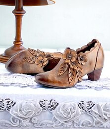 abordables -Botines vintage de piel de vacuno de primera calidad en color marrón para mujer con adornos florales: estilo retro para otoño e invierno