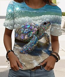 baratos -Mulheres Camiseta Gráfico Animal Tartaruga marinha Vintage à moda Clássico Manga Curta Gola Redonda Decote Redondo Tops regulares Diário Final de semana Imprimir Branco Azul Real Azul Verde Branco