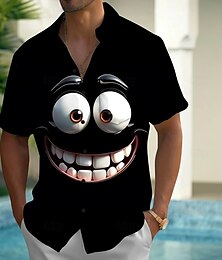 billiga -Herr Tecknat Rolig Le ansikte Skjorta Sommarskjorta Knapp upp skjorta Kortärmad Mode Casual Semester Fest Helgdag Sommar Vår Nedvikt 3D-utskrift krage skjortor Främre en ficka Svart