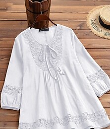 economico -Per donna Camicie di cotone e lino Tinta unica Elegante Casual Manica 3/4 Scollo a V Top Regolari Quotidiano Pizzo Patchwork Nero Bianco Vino Blu marino Estate Primavera