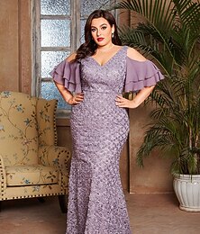 economico -Abito da Sera Sirena  Tromba Vestito Elegante Matrimonio Formale Lunghezza Piena Manica Corto Collo a V Pizzo con Ricamo