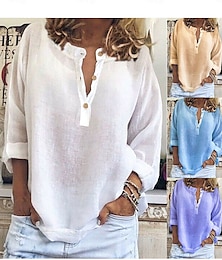 abordables -Mujer Camisa Color sólido Plano Elegante Casual Manga Larga Escote en Pico Cuello con muescas. Tops regulares Diario Botones Blanco Amarillo Azul Piscina Morado Verano Primavera