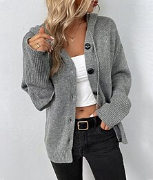 abordables -Mujer Cárdigan Moda Suave Color sólido Estriado Con Capucha Botones De Punto Manga Larga Tops regulares Tejer Festivos Noche Fin de semana Negro Blanco Otoño