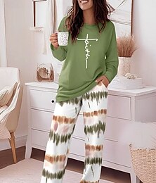 abordables -Femmes Mode T-shirt Ensembles de Pantalons manche longue Col rond Graphique Rayé Lettre Imprimé Décontracté Quotidien Vert Printemps Coupe régulière
