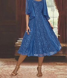 voordelige -Tweedelig A-lijn Moeder van de bruid jurk Elegant Eenvoudig Casual Boothals Tot de enkel Chiffon Lange mouw met Kant Geplooid 2025