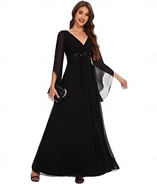 levne -A-Linie Šaty Matky Nevlastníka Elegantní Jednoduché V Výstřih Délka Podlahy Šifon Dlouhý Rukáv s Plisé Pevná Barva