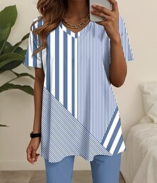 abordables -Mujer Moda Camiseta Conjuntos de pantalones cortos Manga Corta Escote en Pico Graphic A Rayas Estampado Casual Diario Azul Piscina Morado Verde Trébol Verano Holgado