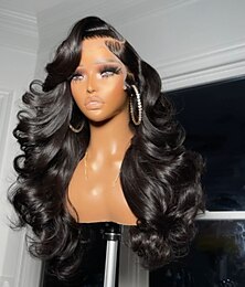cheap -Remy Human Hair 5x5 Closure 13x4 Lace Front Wig With Bangs Brazilian Hair Wavy Black Wig 130% 150% Density with Baby Hair Natural Hairline 100% Virgin Glueless Pre-Plucked For Women Long Human Hair