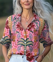 economico -Per donna Camicia Floreale Grafico Foglia Vintage Tropicale Quotidiano Manica Lunga Colletto a Camicia Top Regolari Lavoro Quotidiano Bottoni Stampato Bianco Rosa Viola Arancione Primavera Autunno