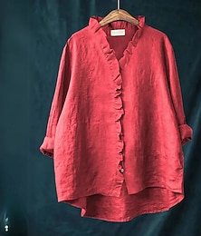 abordables -Blusa de lino y algodón para mujer, color liso, elegante, informal, de manga larga, con cuello en V, para uso diario, festivo, con botones, en blanco, amarillo, rojo, azul y beige, para verano y