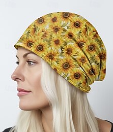 abordables -Gorro con estampado de girasol para mujer, gorro casual ligero de poliéster elástico, gorro suave y transpirable, se puede usar como polaina para el cuello, adecuado para ropa casual, actividades al aire libre y viajes.