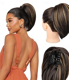 abordables -Extension queue de cheval 10 pièces, postiche queue de cheval courte à clipser, chignon décoiffé, postiche synthétique naturel, doux et raide pour femme - brun foncé avec mèches