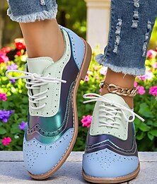 levne -Dámské barevně blokové oxfordské boty s křídlovou špičkou, retro šněrovací brogue boty z 50. let s duhovými panely pro ležérní výlety a vintage styl.